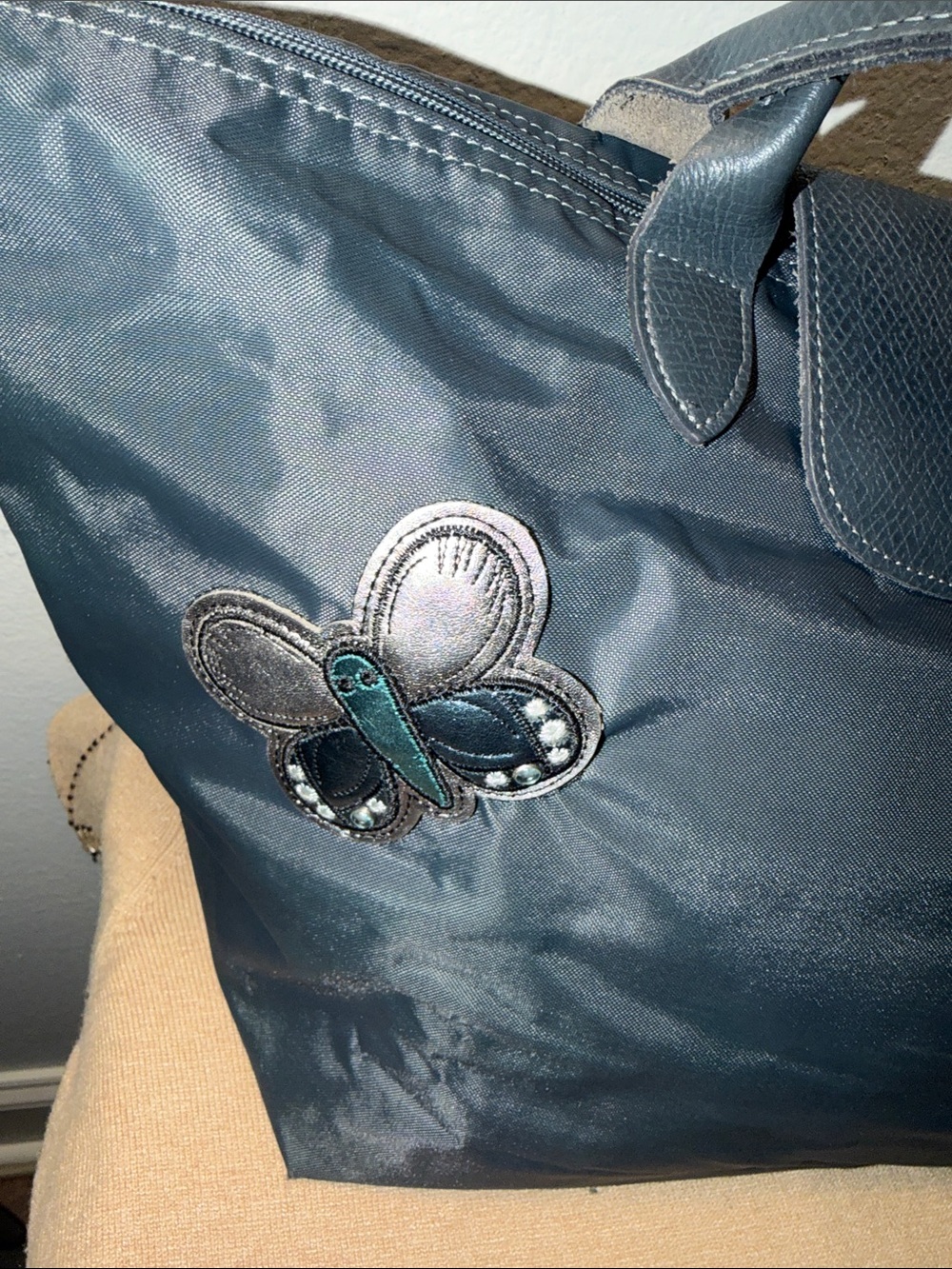 Longchamp Blue Embroidered Patches Nylon and Leather Le Pliage Tote - Picture 3 of 14